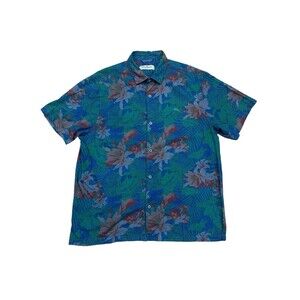Tommy Bahama Hawiian Aloha L Shirt Hibiscus Palm Leaves Orchids Tropical Texture